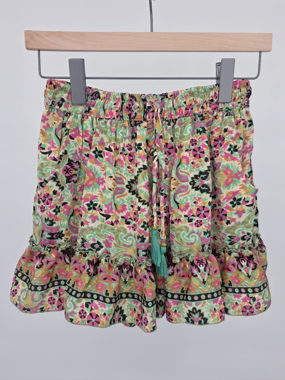 Anthropologie Raga Drawstring Mini Skirt Floral Ruffle Tassels | Size S | NWT